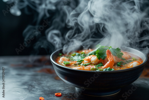 Tom Yum Kung in a black bowl. Spicy prawn soup. Traditional Thai food on dark background. Generative AI