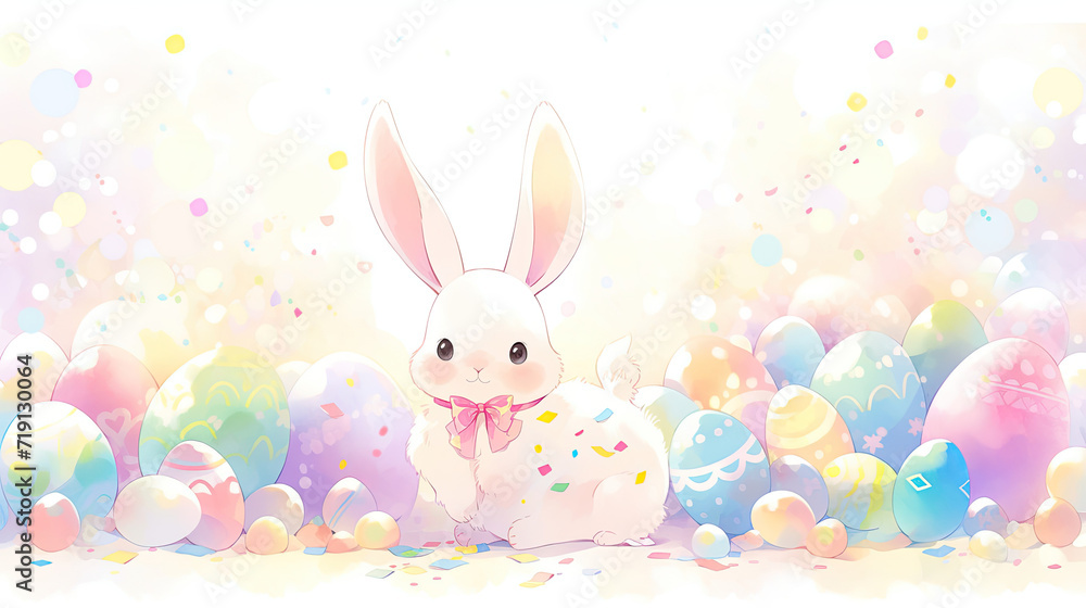 White Bunny Sitting in Front of Easter Eggs White Bunny Sitting in Front of Easter Eggs
