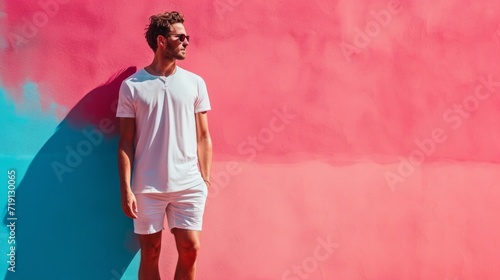 minimalist vivid advertisment background with handsome tennis player and copy...