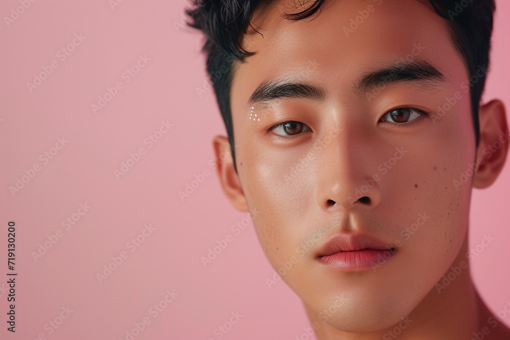 Close-up of a young Asian man with perfect skin against a pink background, exemplifying modern beauty standards. Close-up of a young Asian man with perfect skin against a pink background, exemplifying modern beauty standards.