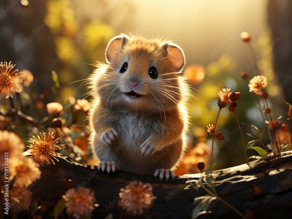 Hamster sits on a branch in the grass in a meadow Hamster sits on a branch in the grass in a meadow