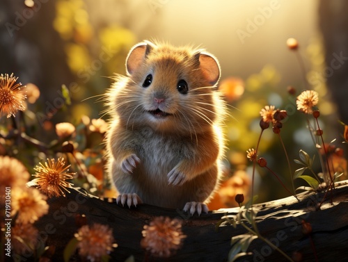 Hamster sits on a branch in the grass in a meadow © Darcraft