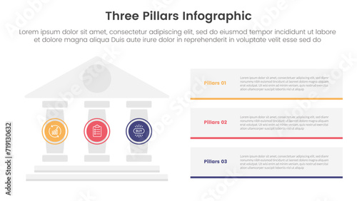 three pillars framework with ancient classic construction infographic 3 point stage template with pillars on left and rectangle box stack for slide presentation