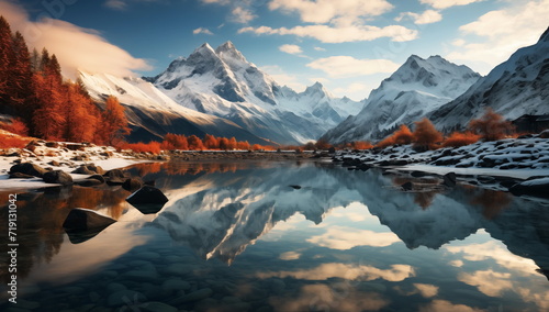 Hyper Realistic painting of Lake and mountains reflection in water, Stunning winter landscape, A serene mountain lake mirroring the snow-capped peaks. Stunning photo. Generated AI.