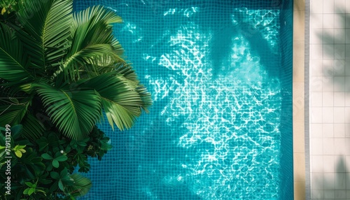Swimming pool water with ripples and tropical palm tree, luminous, smooth surface. Solar. Sunlight