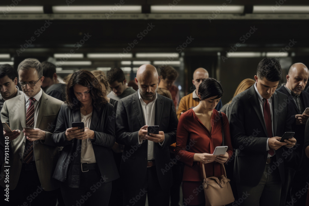 People wait for a train on a subway platform while distracted using their cellphones - obrazy, fototapety, plakaty 