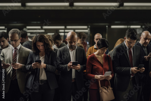 People wait for a train on a subway platform while distracted using their cellphones