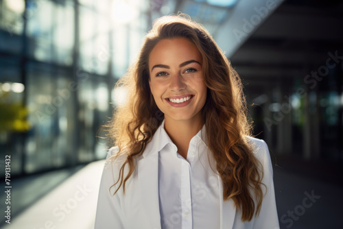 Happy confident business woman in a modern tech office building