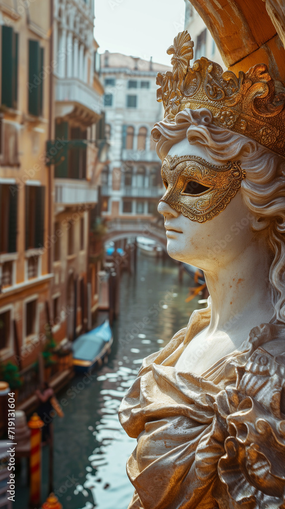 Woman statue with golden carnival mask near the canal in Venice, in the style of photorealistic cityscapes
