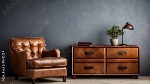 masculine brutal interior in dark colors with brown leather furniture photo
