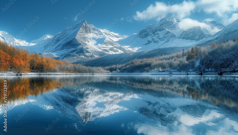 Hyper Realistic painting of Lake and mountains reflection in water, Stunning winter landscape, A serene mountain lake mirroring the snow-capped peaks.  Stunning photo. Generated AI.