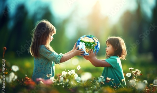 Two cute kid girls holding 3D planet in hands against green spring background. Earth day holiday concept.