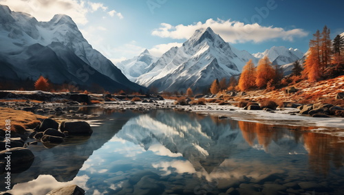 Hyper Realistic painting of Lake and mountains reflection in water  Stunning winter landscape  A serene mountain lake mirroring the snow-capped peaks.  Stunning photo. Generated AI.