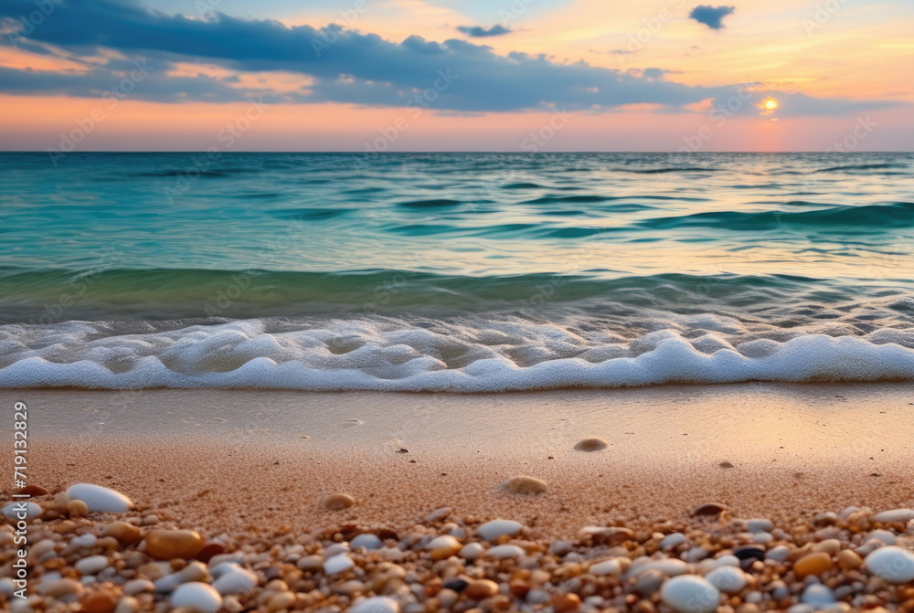 Golden Sunset on Seashore with Waves