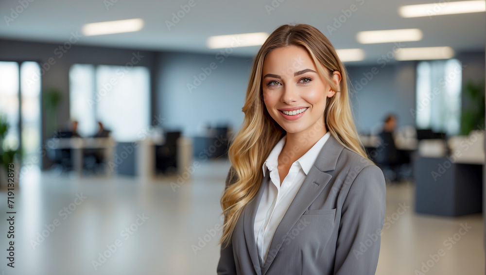 An executive assistant manager blond hair woman in the office, grey suit, professional business people An executive assistant manager blond hair woman in the office, grey suit, professional business people
