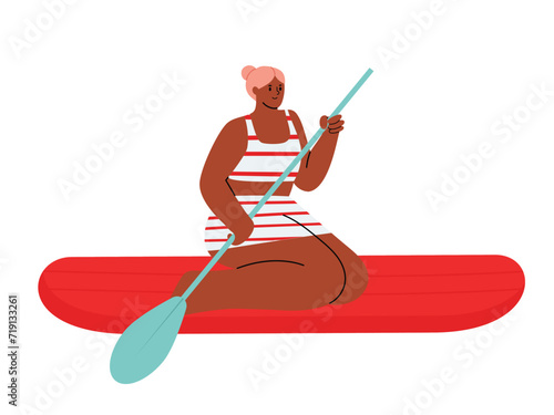 Beautiful black young woman in a swimsuit floating on a sup board with a paddle, hand drawn vector illustration in flat design