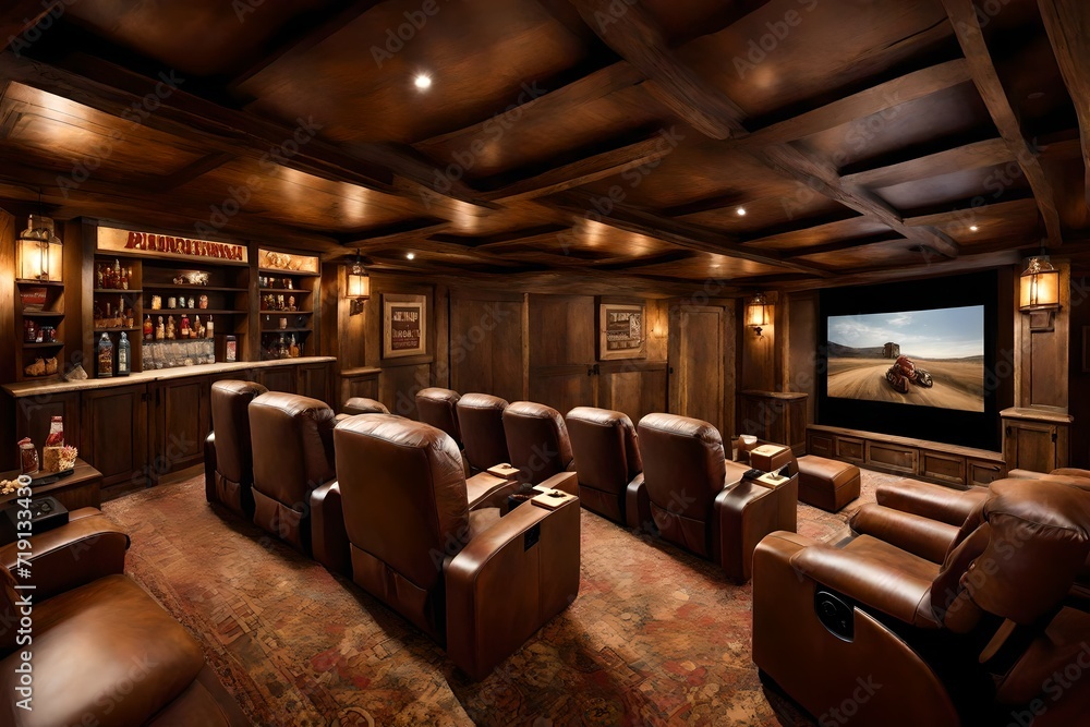 A rustic home theater with a large projection screen, plush leather recliners, and a snack bar with a vintage popcorn machine, transporting movie enthusiasts into a world of cinematic indulgence.