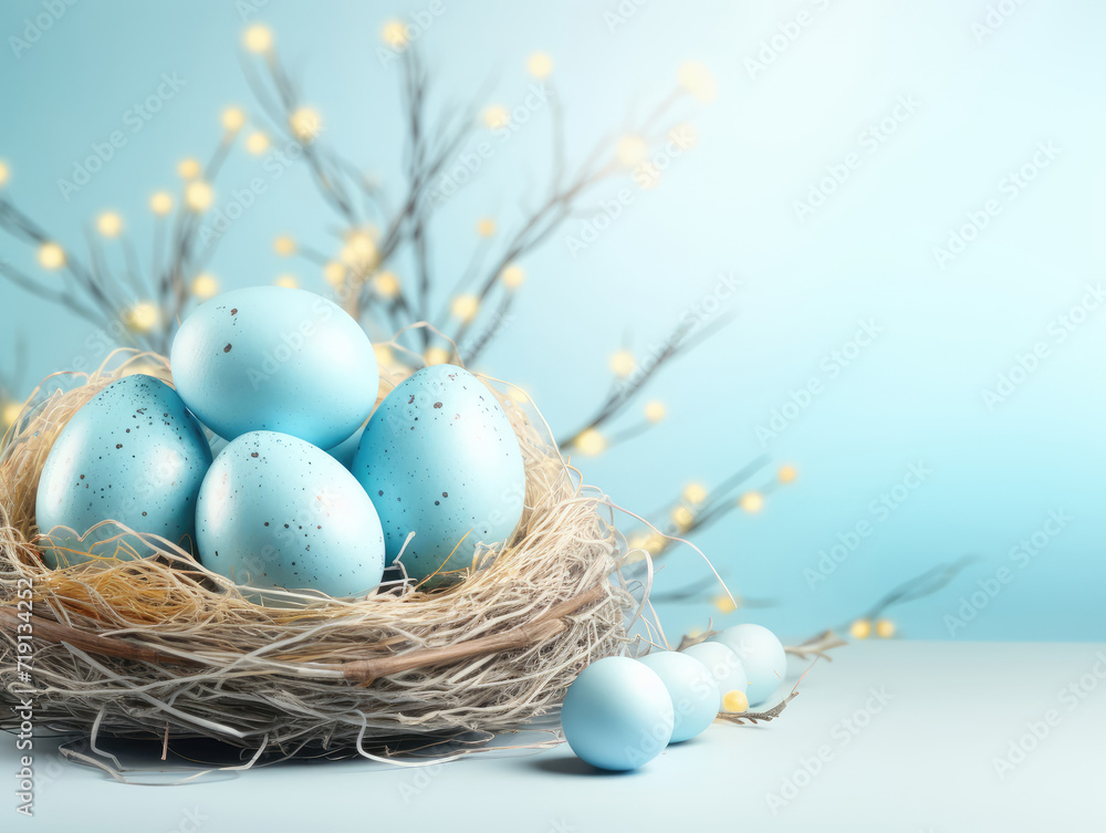 Nest Filled With Blue Eggs on Table Nest Filled With Blue Eggs on Table