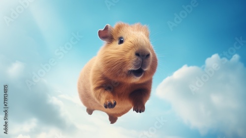 Flying cute capybara character on blue sky background. photo