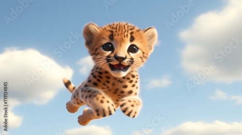 Flying cute cheetah character on blue sky background.