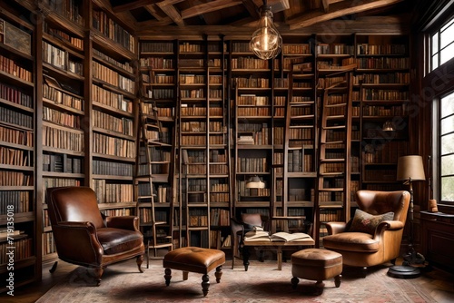 A rustic home library with floor-to-ceiling bookshelves, a cozy reading corner with a leather armchair, and a sliding ladder, inviting bookworms into a world of literary treasures.