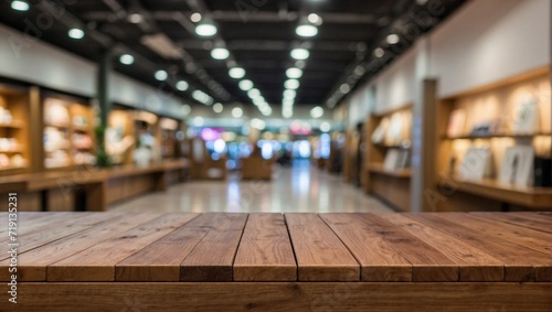 Empty Wooden Table Background Blurred Shopping Mall, Wooden Table