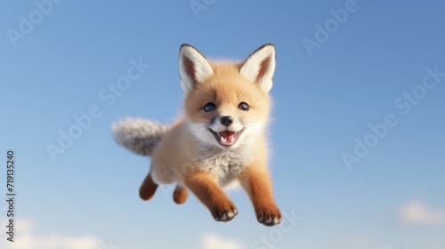 Flying cute little fox character on blue sky background.