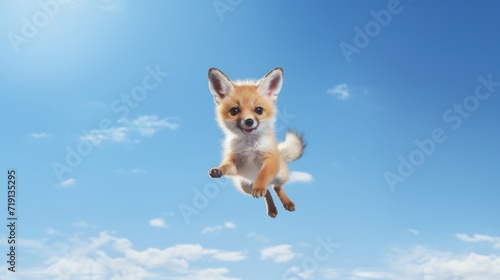 Flying cute little fox character on blue sky background.