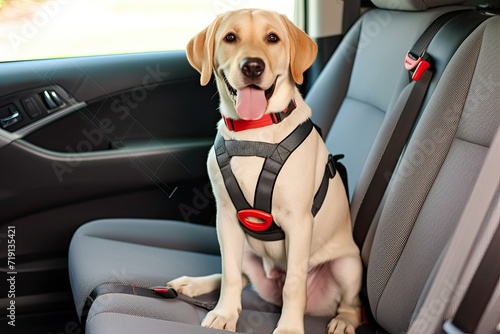 Joyful Labrador: A Content Canine Leashed in the Back Seat photo