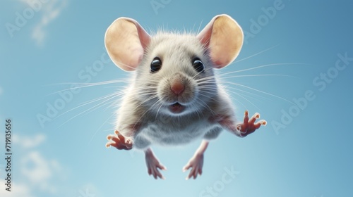 Flying cute little mouse character on blue sky background.