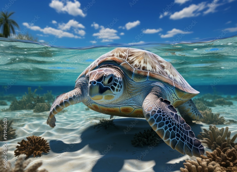 Fototapeta premium Flying cute little Turtle character on blue sky background.