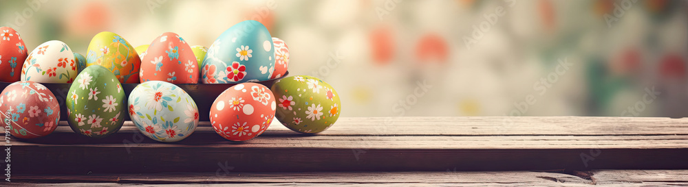 A Row of Painted Eggs on a Wooden Table