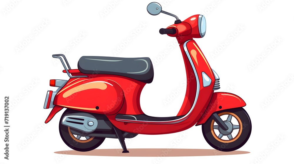 Red scooter is shown on white background with shadow.