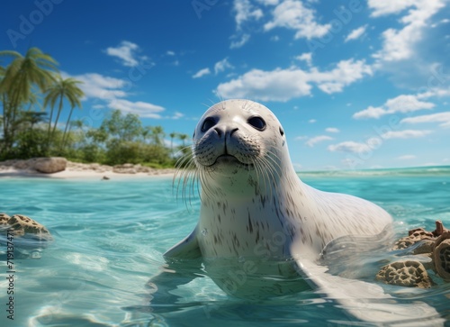 Seal in the water on a background of palm trees and blue sky