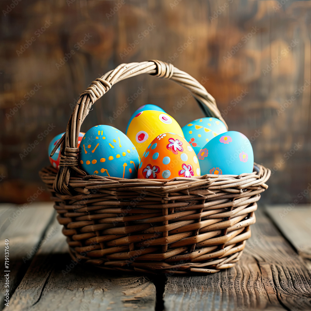 Colorful Painted Easter Eggs in Basket on Wooden Table Colorful Painted Easter Eggs in Basket on Wooden Table