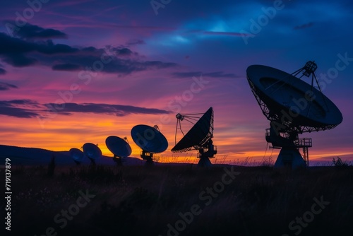 An array of radio telescopes pointed towards the stars at dusk, searching for cosmic signals