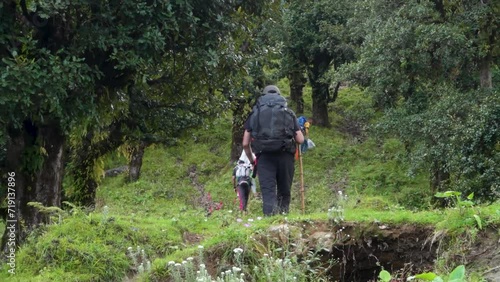 Hikers with backpacks and walking sticks on a Himalayan trek in Naag Tibba, Uttarakhand, India photo