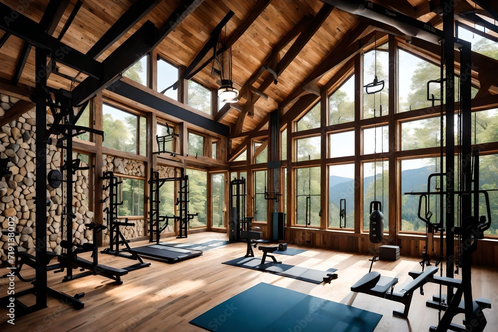 A rustic home gym with floor-to-ceiling windows overlooking a lush forest, exposed wooden beams, and a wall-mounted rock climbing wall, combining nature and fitness in a rustic setting.