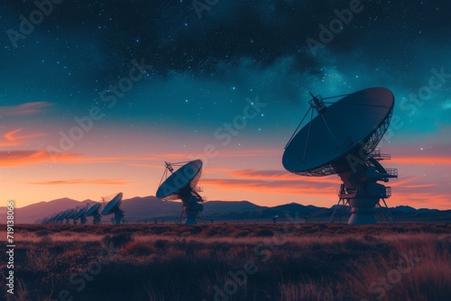An array of radio telescopes pointed towards the stars at dusk, searching for cosmic signals