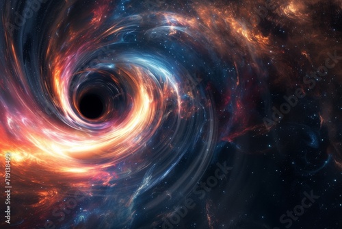 An artistic interpretation of a black hole pulling in starlight, with swirling colors and dynamic light effects