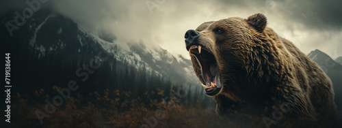 Cinematic Grizzly Bear attack banner. Aggressive Brown Bear roaring photo