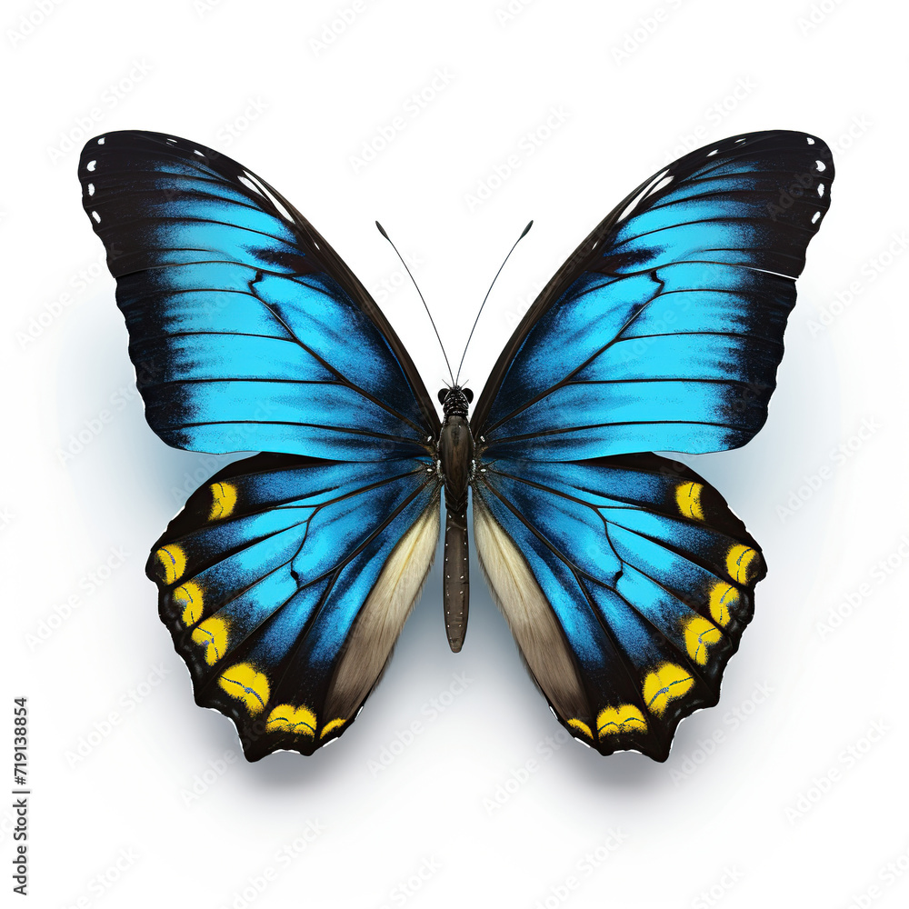 A striking blue and orange butterfly with open wings against a pure white backdrop