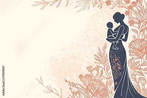 Silhouette of a mother holding her little child, surrounded by intricate floral patterns on the . Concept of Mothers day, childhood, parenthood, the beauty and grace of motherhood.