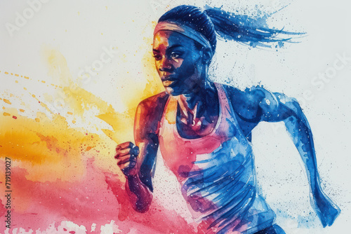 Athletic athlete in action, woman colourful watercolour with copy space