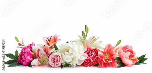 Fototapeta Naklejka Na Ścianę i Meble -  Banner of lush floral arrangement with peonies and lilies on a white background. Perfect for holiday, Mother Day, romance, love.