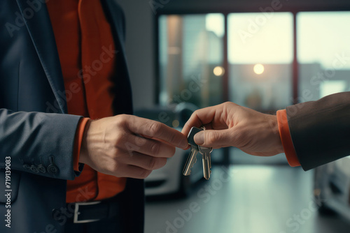 Professional car salesman handing over new car keys in a dealership showroom