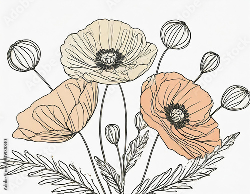 Hand drawn wildflowers, black outlines poppy isolated illustration, wedding stationery element