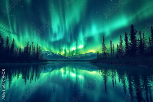 Hyper Realistic painting of aurora in the Night sky with polar lights. Night winter landscape with aurora and reflection on the water surface. stunning natural background photo. Generated AI. © jirayut