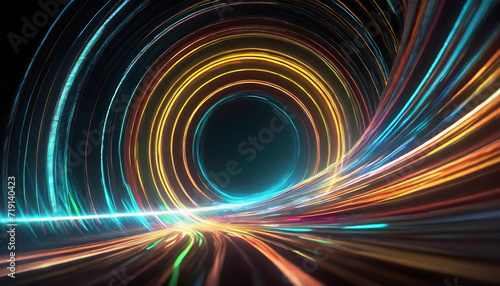 Modern abstract high-speed light motion effect on black background. Abstract technology futuristic neon circle glowing