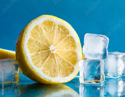Modern composition of the frozen slices of lemon and ice cubes on a blue background